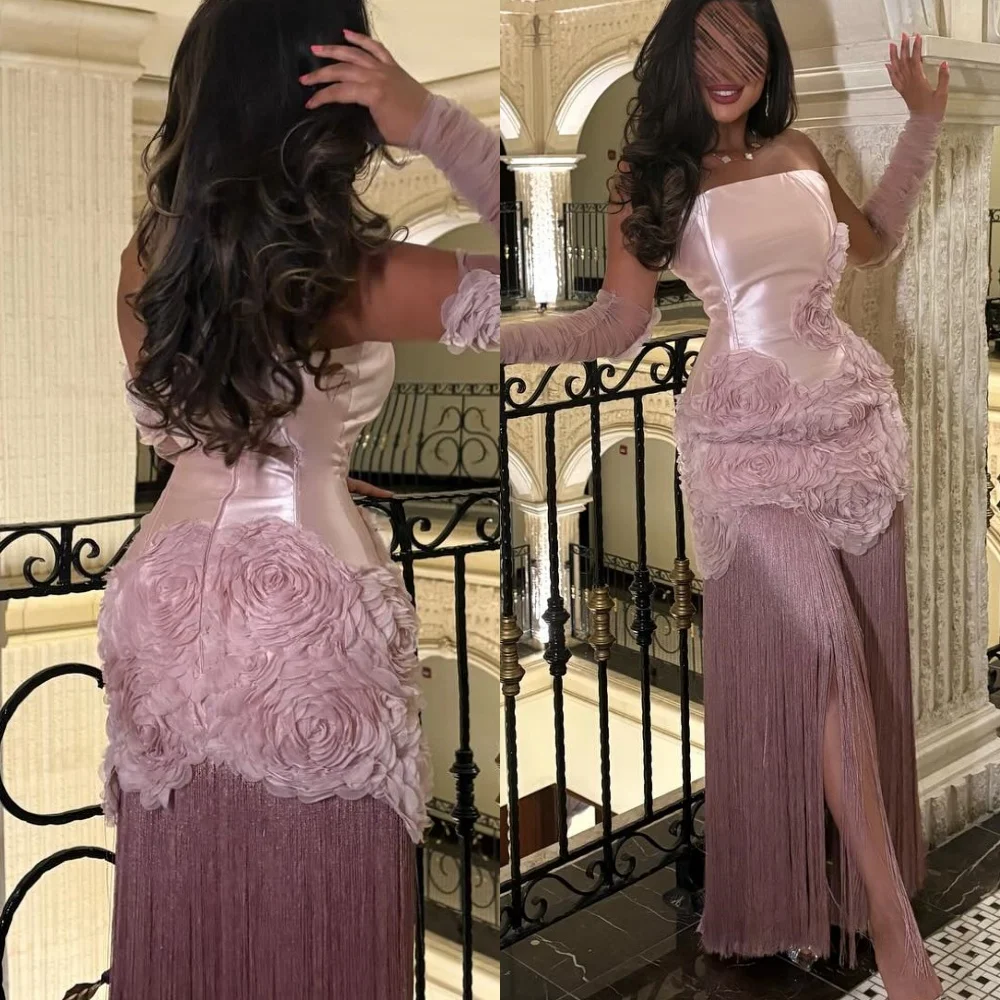 

Customized Luxury Strapless Sleeveless Evening Dress Fashion Satin Prom Dresses Delicate Flowers Tassel Special Occasion Gowns
