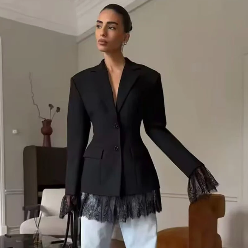 

Женский элегантный блейзер с длинными рукавами, отложным воротником и кружевными вставками, новинка весны 2026, женская уличная верхняя одежда