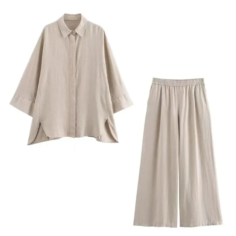 new Women's Two Piece Set Solid Color Loose Single-Breasted Shirt Elastic Waist Pocket Folds Decorate Wide Leg Pants 2 Piece Set