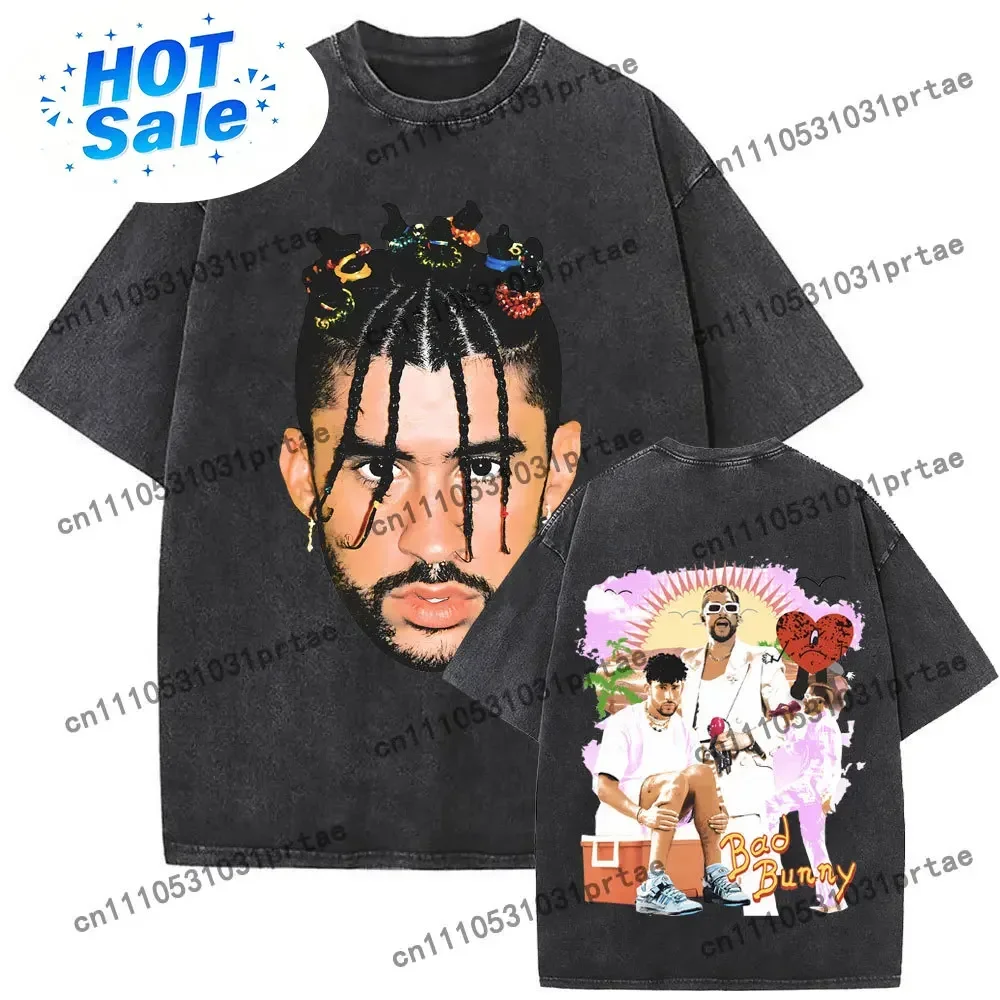 Washed Vintage Rapper Bad Bunny Un Verano Sin Ti Album Graphic T-shirt Men Women Hip Hop Fashion Pop Music T Shirts Streetwear