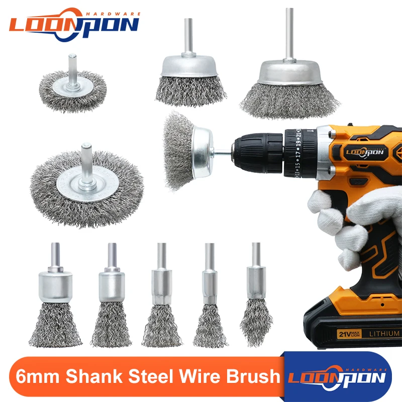 

Loonpon Steel Wire Wheel Brush Set 6mm 1/4inch Shank Wire Cup Brush for Metal Polishing for Drill Rotary Tools