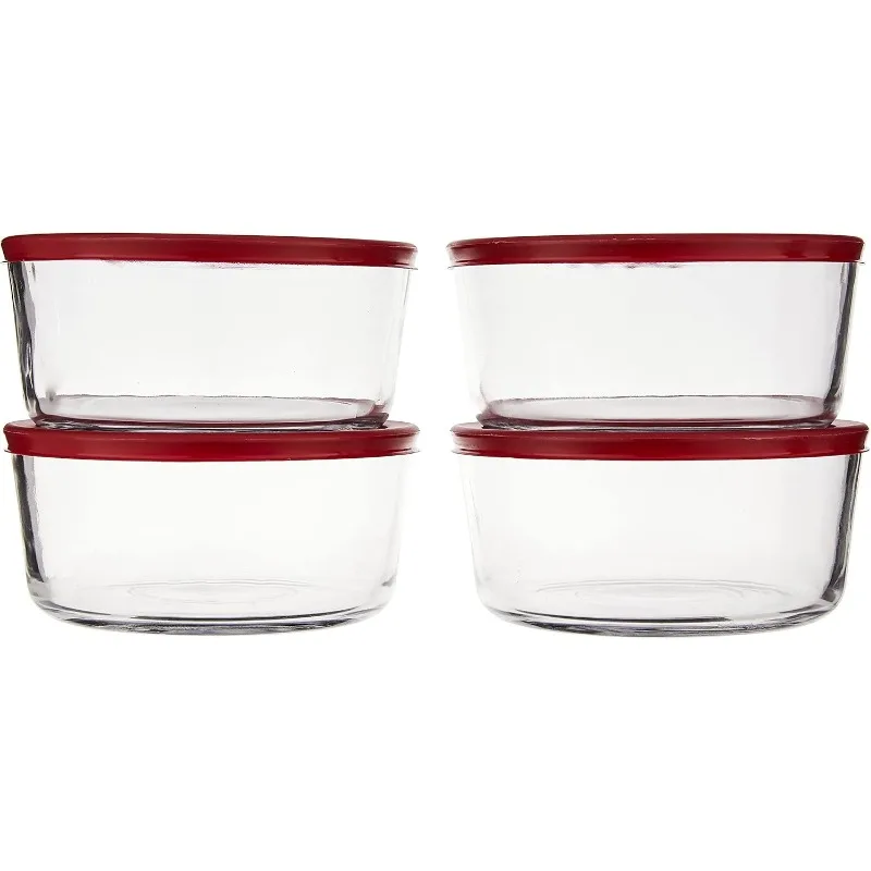 7-Cup Round Food Storage Containers with Red Plastic Lids, Set of 4