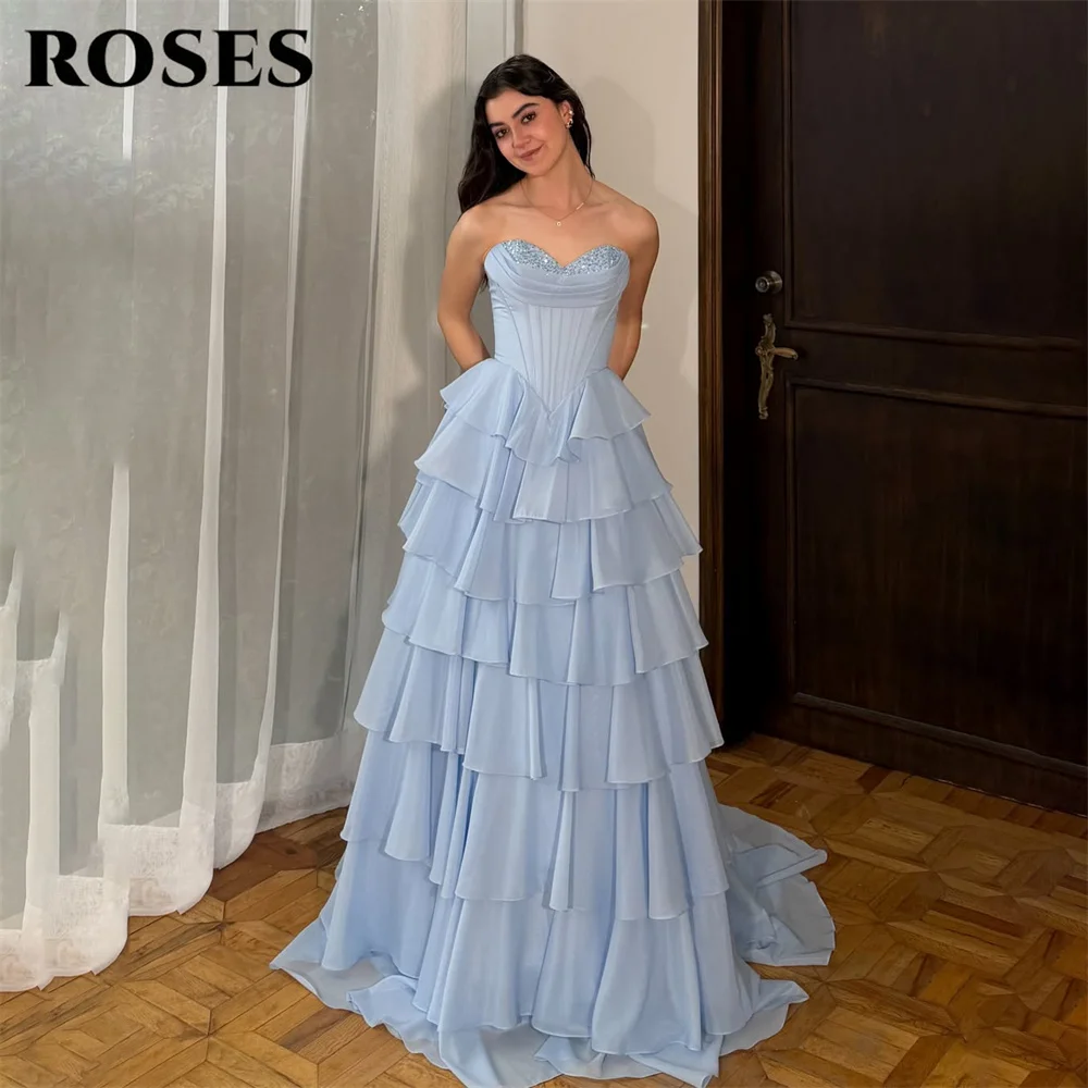 

ROSES Light Blue Formal Gown Tiered Ruffled Prom Dresses A Line Sweetheart Evening Dress with Train Modern Style Customized