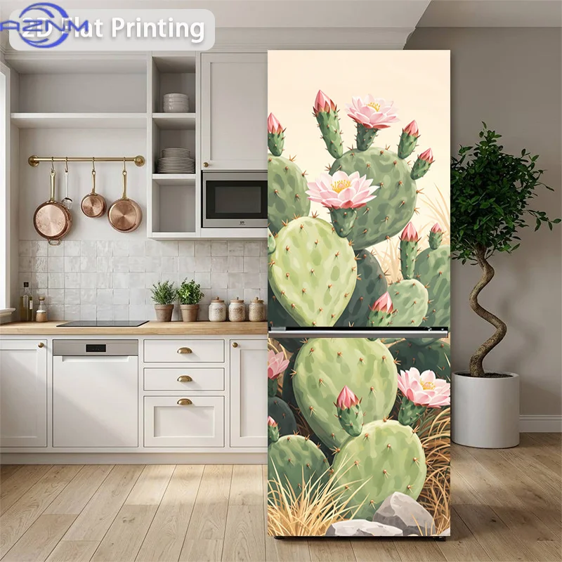 [Printing] Refrigerator Sticker 60 X 180 Cm Blooming Cactus Group Fan Theme Design Wall Decoration Self-Adhesive, Suitable for