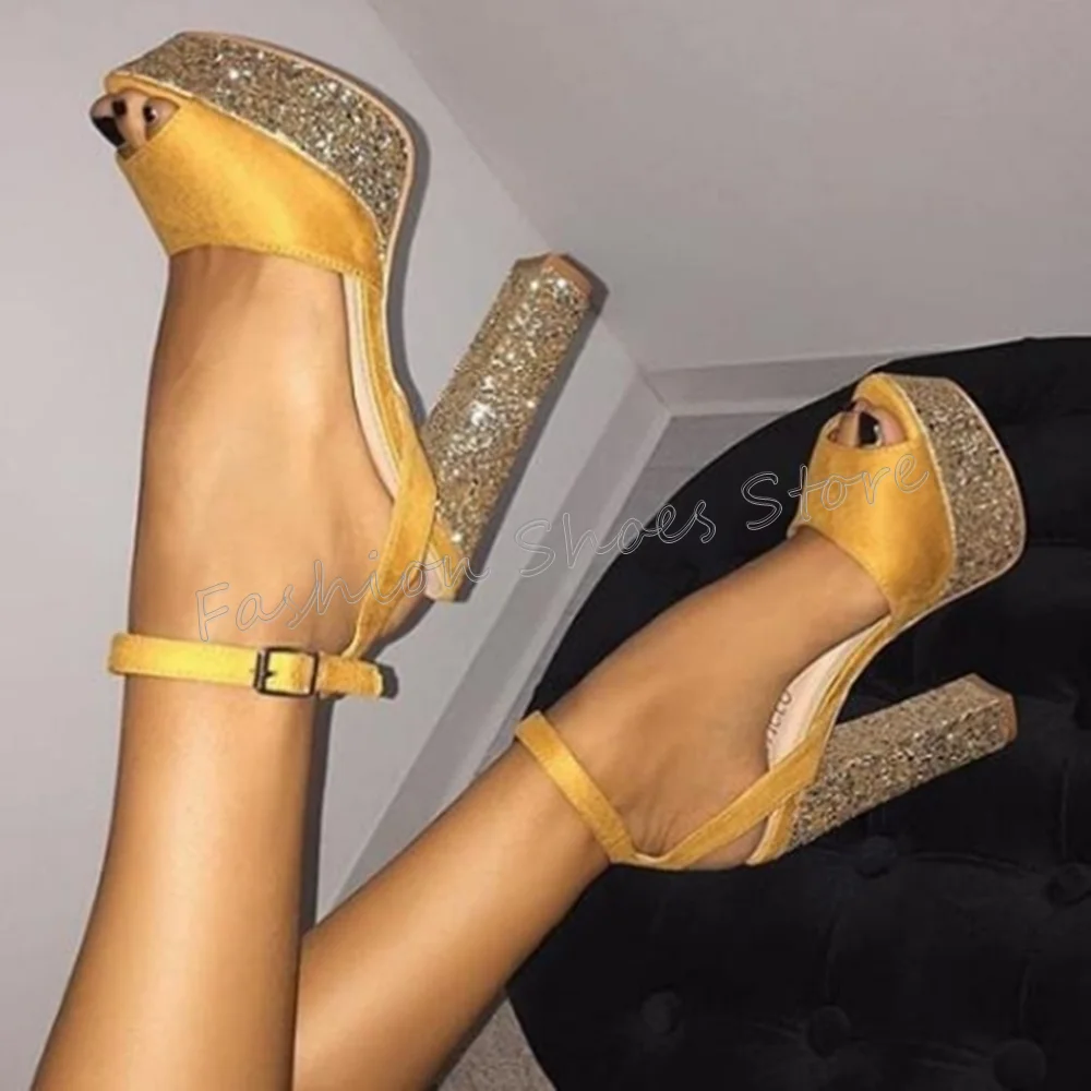 

Yellow Ankle Buckle Peep Toe Sandals Platform Chunky High Heels High Heel Shoes for Women Heels 2025 New Zapatos Para Mujere