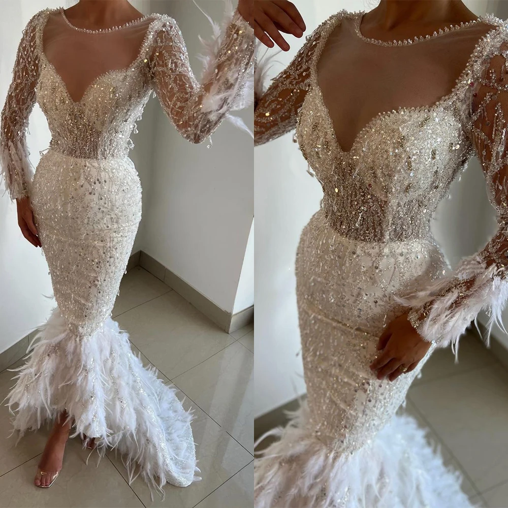 

White Shiny Prom Dresses Long Sleeves Sexy V Neck Lace Sequins Appliques Beaded Feather Evening Dresses Plus Size Custom Made