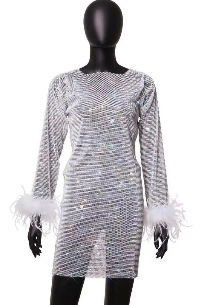 Vestido de lantejoulas de cristal branco feminino, manga comprida Bodycon, rede de malha, gola sexy, vestidos de festa noturna, mulheres