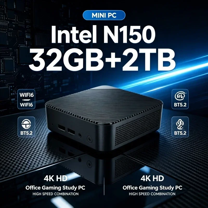 High Performance Mini PC Core N150 16GB RAM SSD WiFi6 Bluetooth 5.2 4K Ultra HD Screen Output Multifunctional Work Mini Desktop