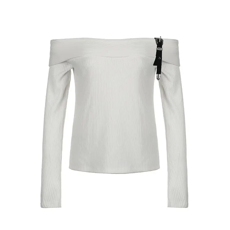 Sweaters Belt Off Shoulder One-Piece Collar Women Y2k Solid Autumn Winter Vintage Fashion Pull Femme Sexy Short Pullovers