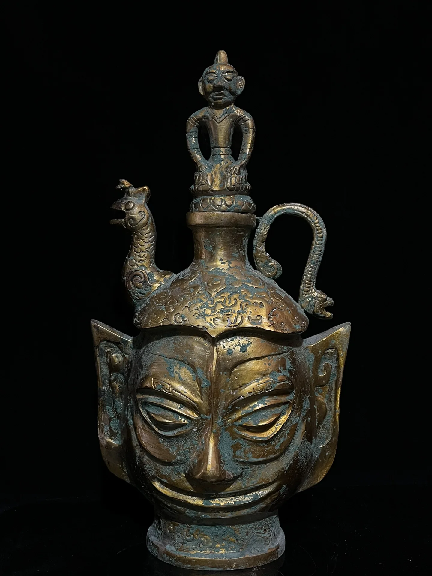 China's Ancient Sanxingdui Statue Bronze Ware Gilding Dragon and Phoenix Teapot