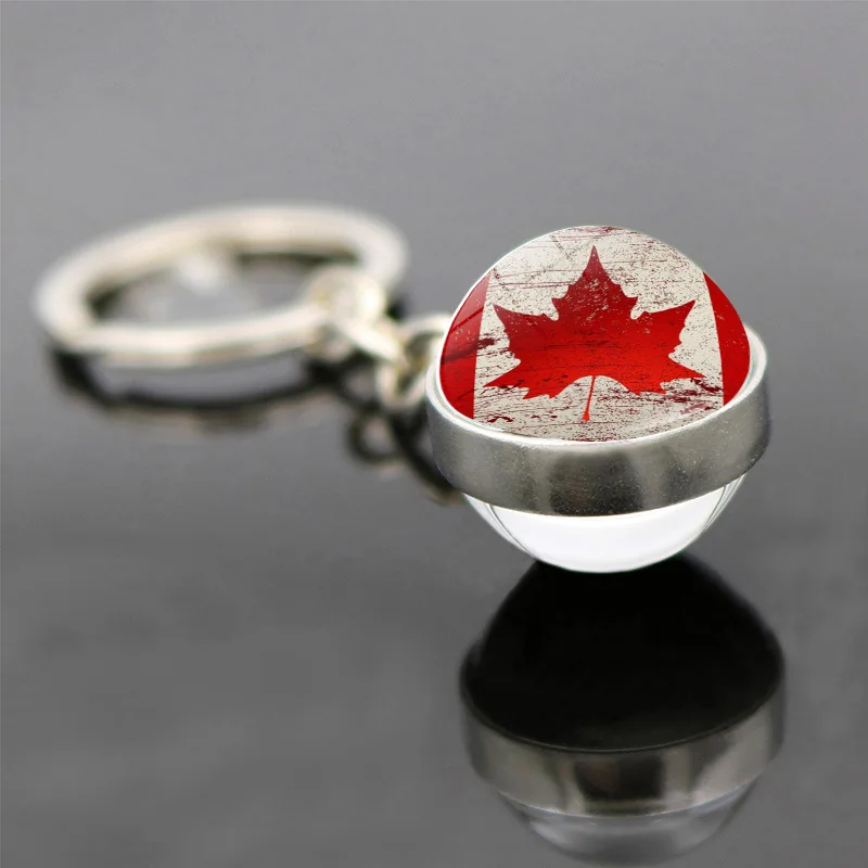 FIMAODZ Canada Maple Leaf Keychain National Flag Double Sided Glass Cabochon Pendant Key Chain Canadian Car Key Ring Gift