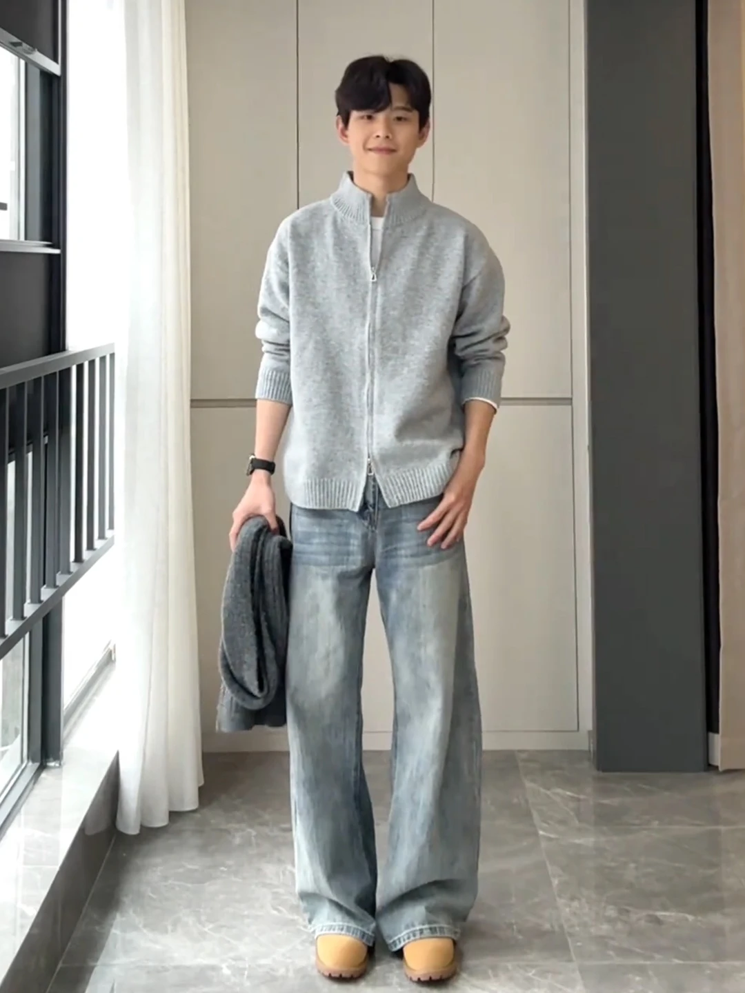 

Мужской зимний кардиган-свитер на молнии, свободного кроя, с длинными рукавами, из плотной вязки, для ношения поверх одежды, в стиле Cleanfit