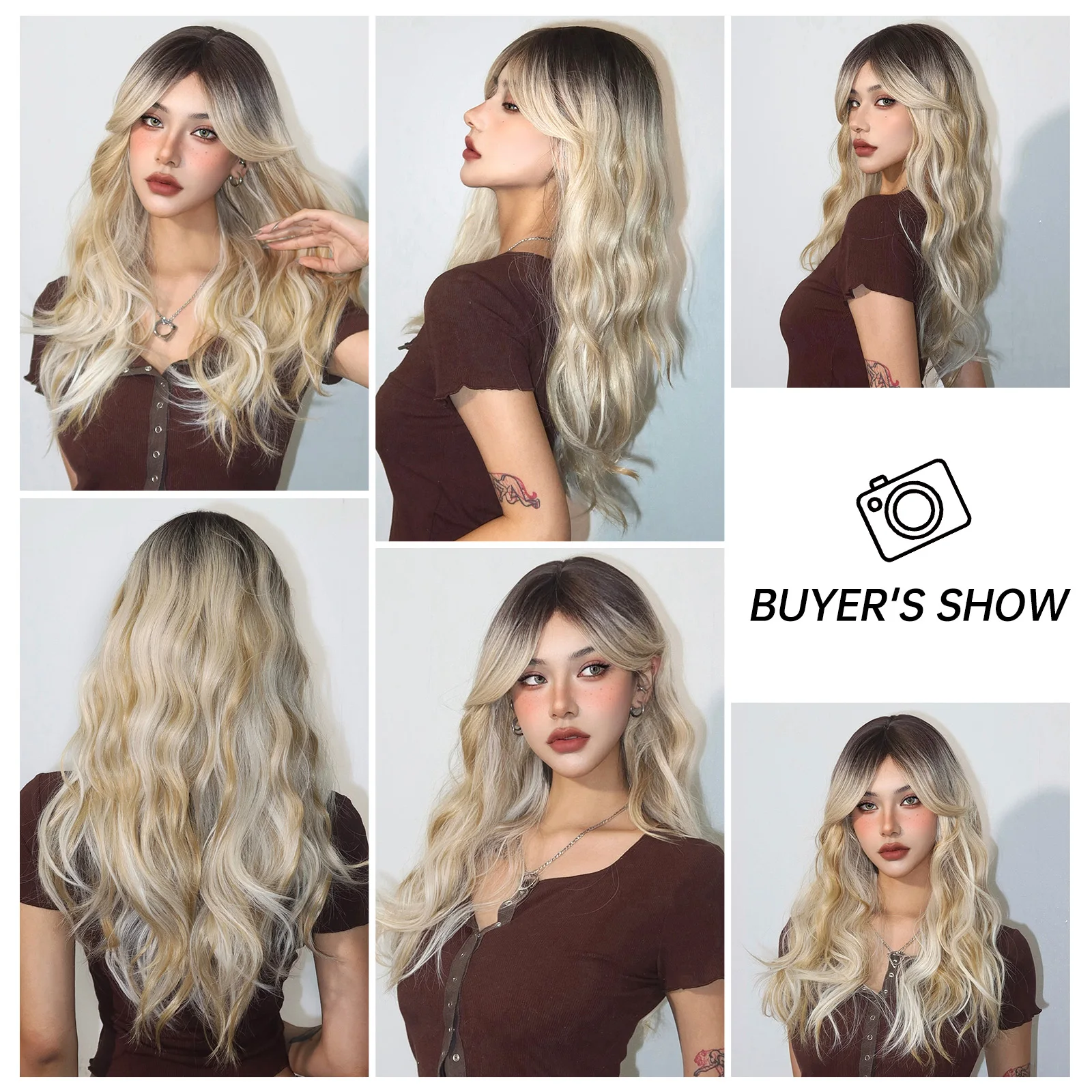 HENRY MARGU Blonde Ombre Long Wig with Bangs Platinum Synthetic Wig Natural Wave Cosplay Party Fake Hair for Women Daily Use