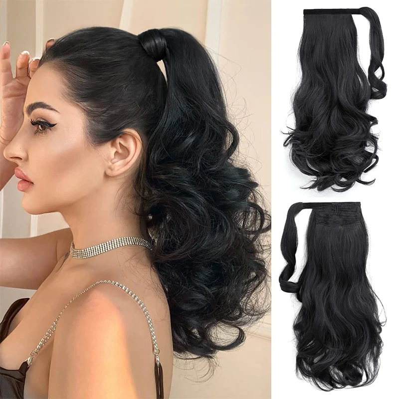 

20'' Wave Ponytail Hair Extensions Wrap Around Wavy Curly Ponytail Synthetic Fake Clip on Pony Tails Fluffy Hairpieces for Women