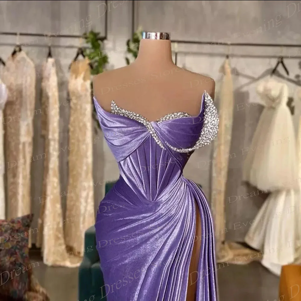 Vestidos De Noche modernos De sirena para mujer, plisados, Sexy, abertura alta, Vestidos De fiesta con cuentas, púrpura, árabe, elegante, 2024