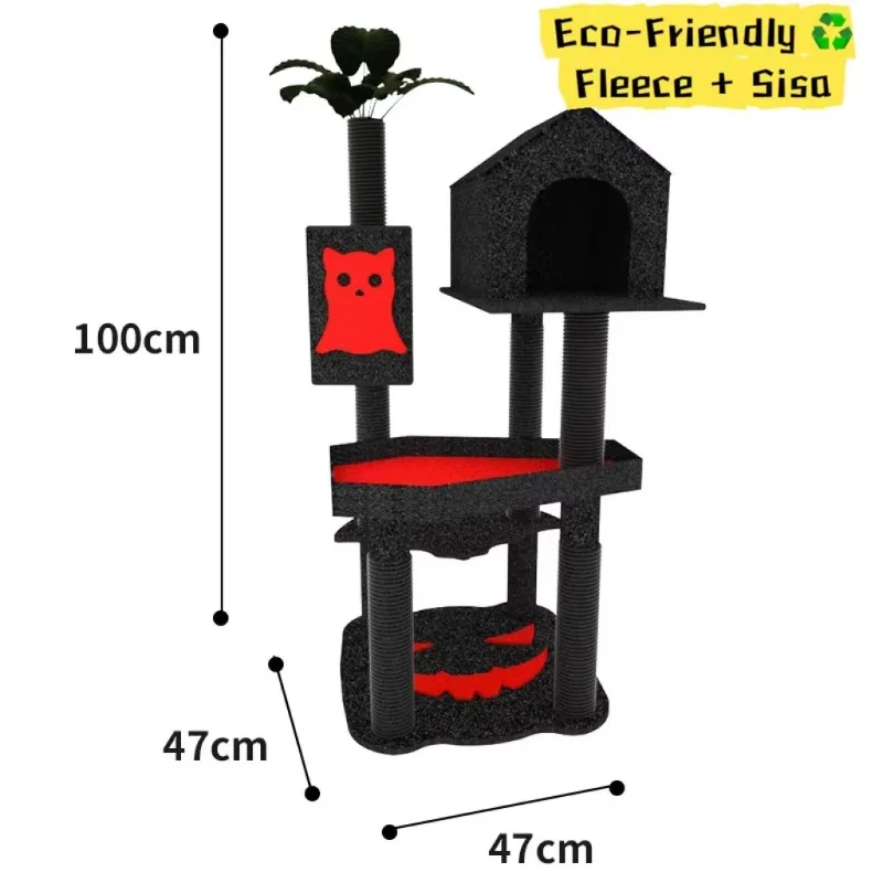 Gothic cat Halloween themed cat tree climbing tower, bat decorated sisal scraping surface integrated cave bed
