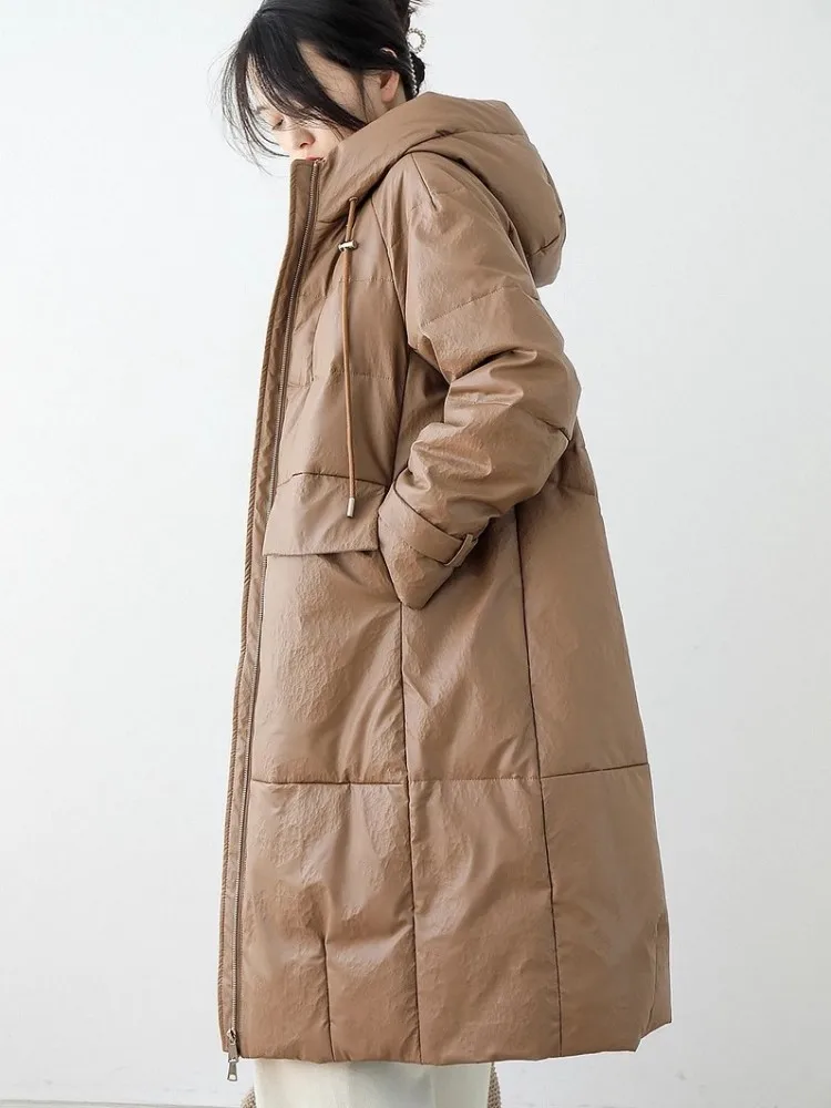 Genuine Leather Women Down Coat Winter Warm Hooded Overcoat Long Sleeve Straight Casual Windbreakers Real Sheepskin Long Jacket