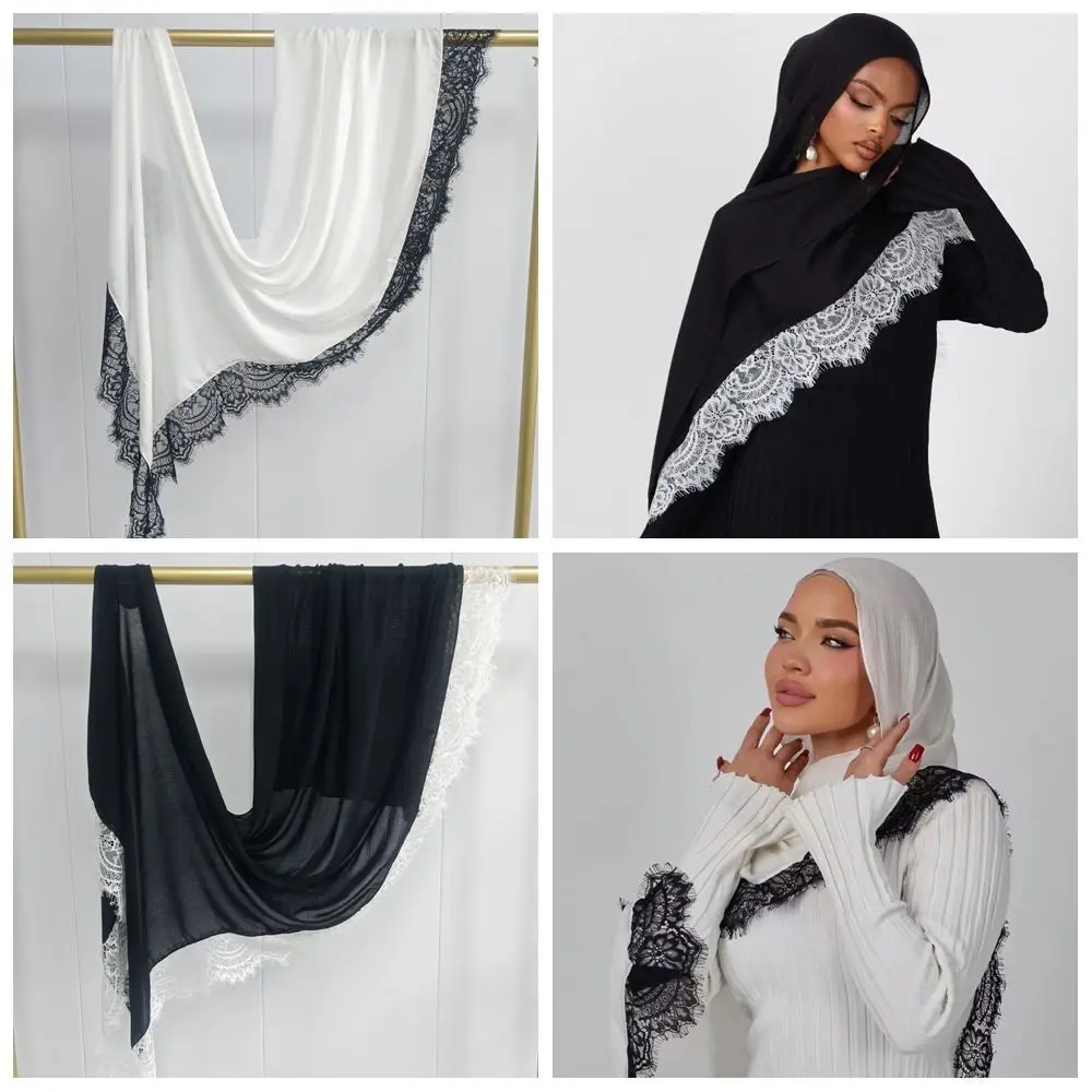 New with Lace Trim Muslim Instant Turban Cotton Solid Color Turbans Head Full Cover Breathable Rhinestone Chiffon Scarf