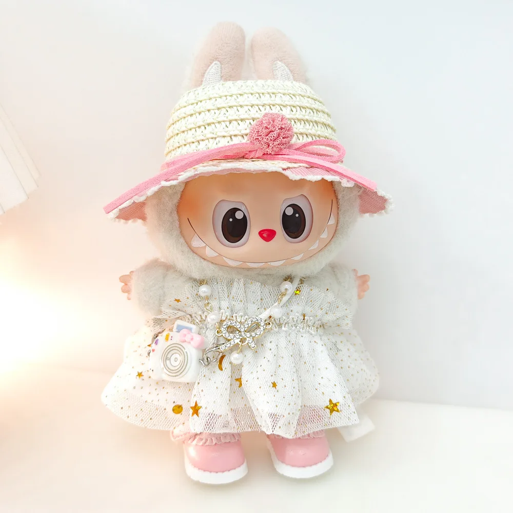 Labubu 옷 15-17CM 미니 봉제 인형 공주 거즈 드레스 블링 블링 스타 스커트 목걸이 모자를 쓰고 있죠 밀짚 모자 3 개/갑 선물