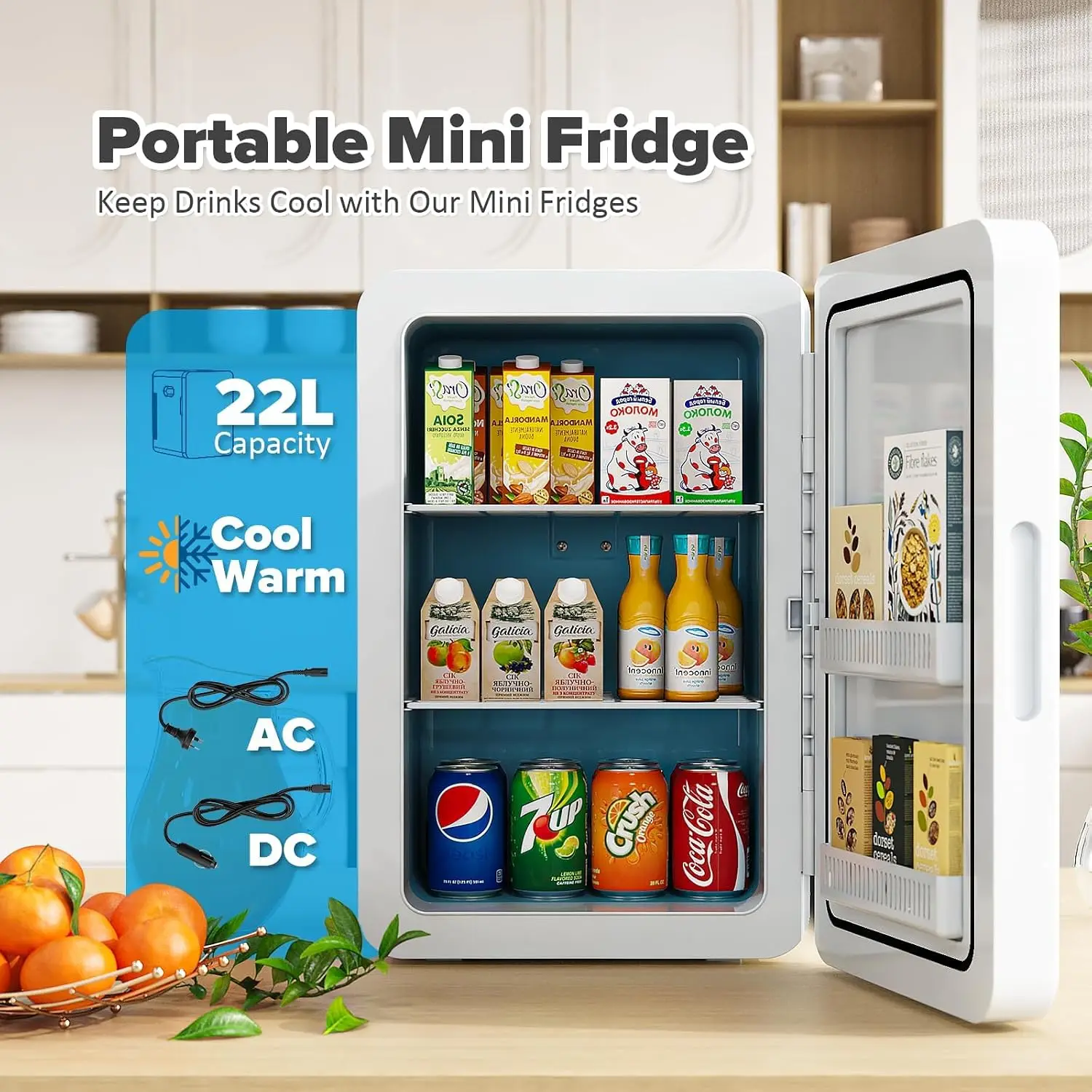 22L/30Cans Mini Fridge for Bedroom, 12v DC Portable Cooler & Warmer, Mini Refrigerator with Glass Front, for Car Office Desk