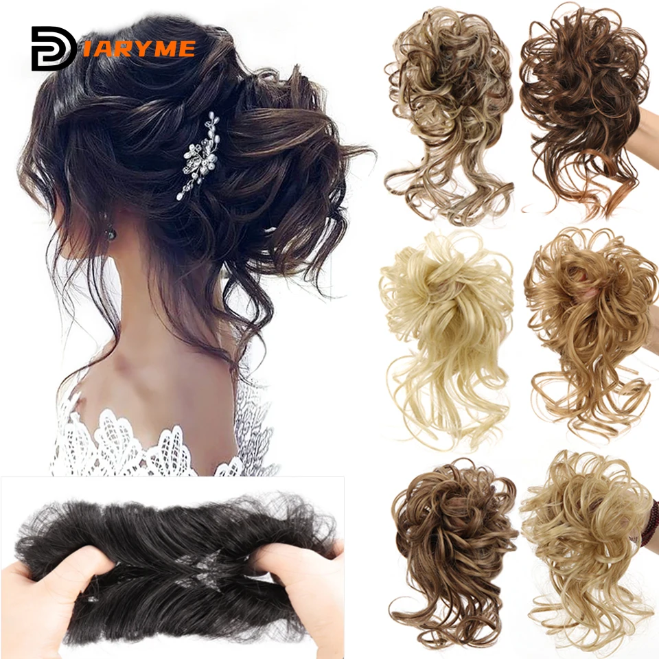 Synthetic Messy Curly Chignon with Rubber Band Hairpieces Elastic Rope Scrunchie False Hair Pieces Messy Bun Ponytails Extens