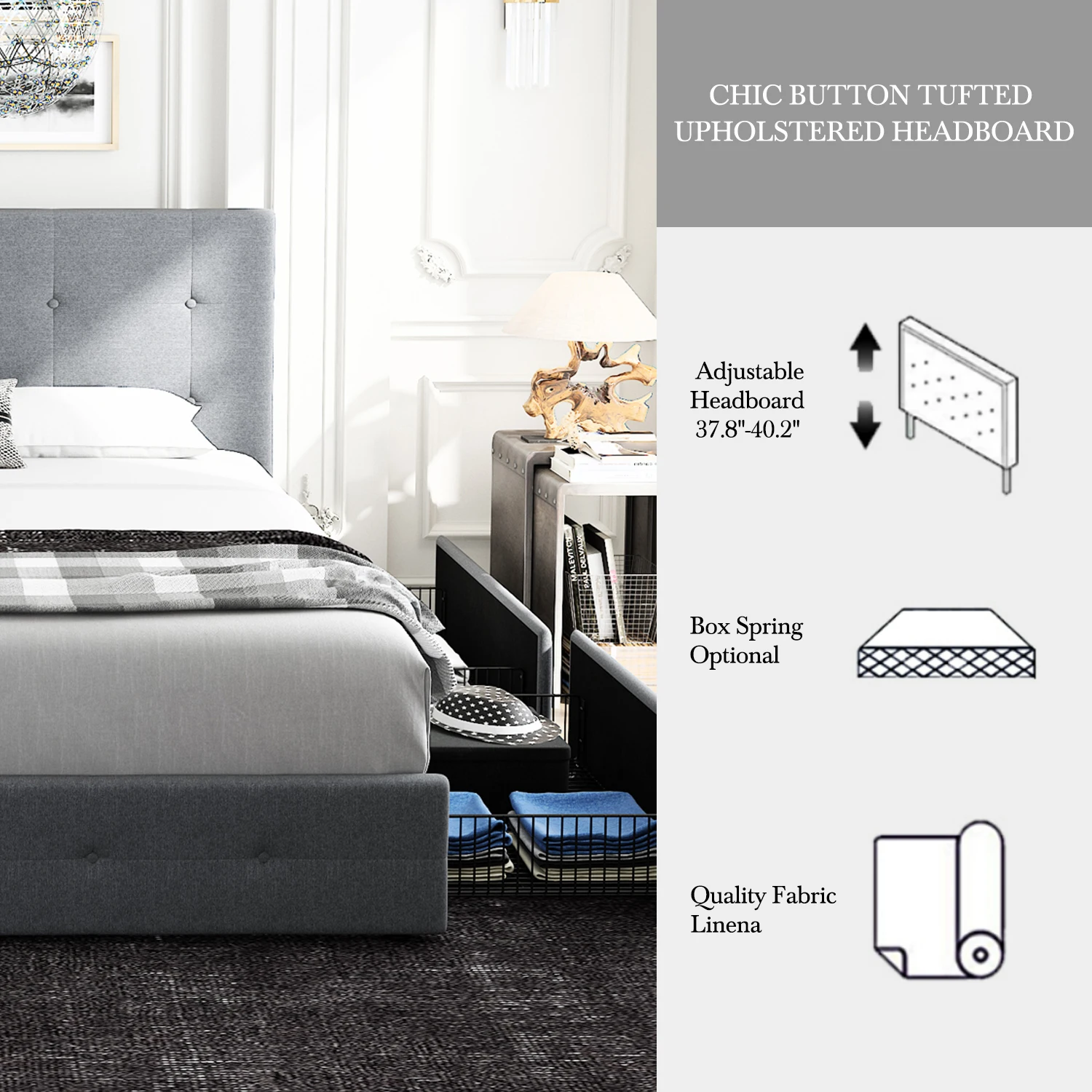 إطار سرير للتخزين بمنصة HOOMIC مع 4 أدراج، لوح رأسي قابل للتعديل مع زر مربع مخيط بتصميم معنقدة Allewie