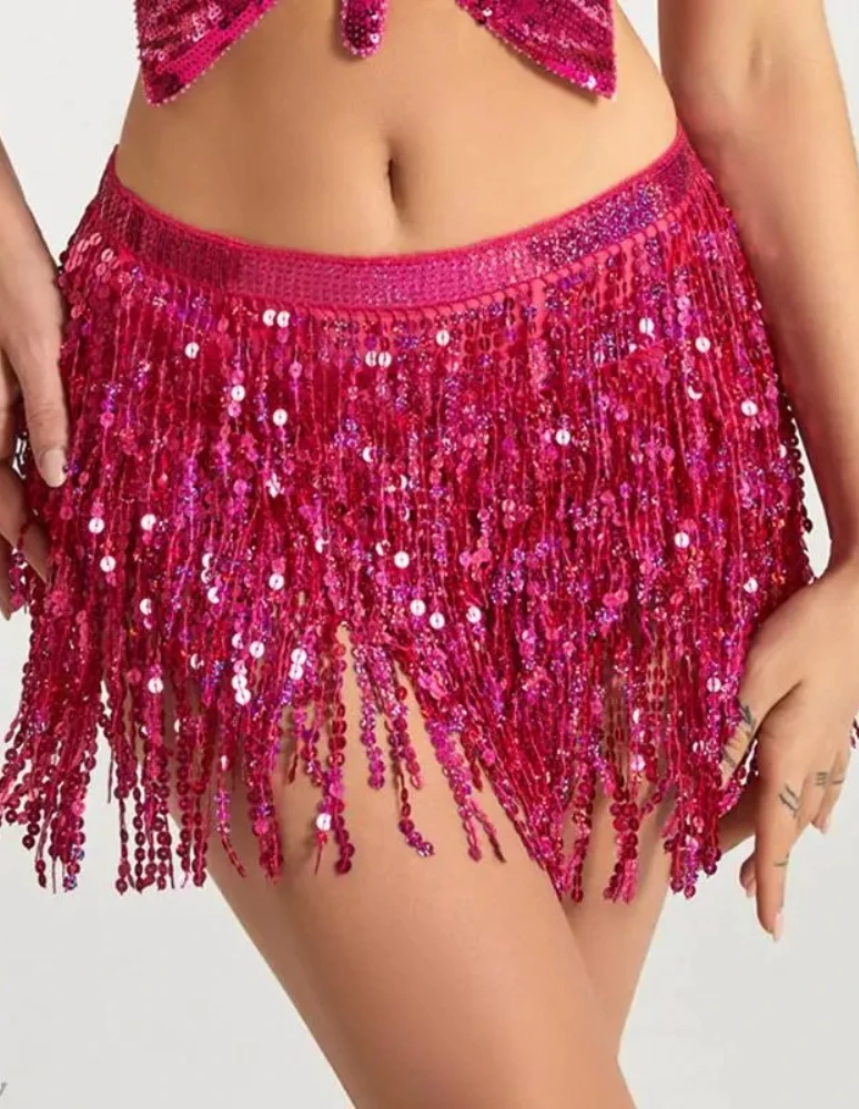 Damen Pailletten-Quasten-Bauchtanzrock Glänzende Perlen Taillenkette Saumrock Bohemian Taillenrock Gürtel – Detail 3