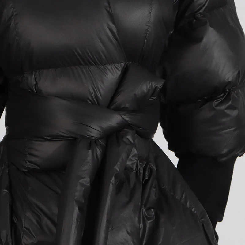 Cappotto di media lunghezza in cotone con cravatta in vita slim fit moda donna autunno nero