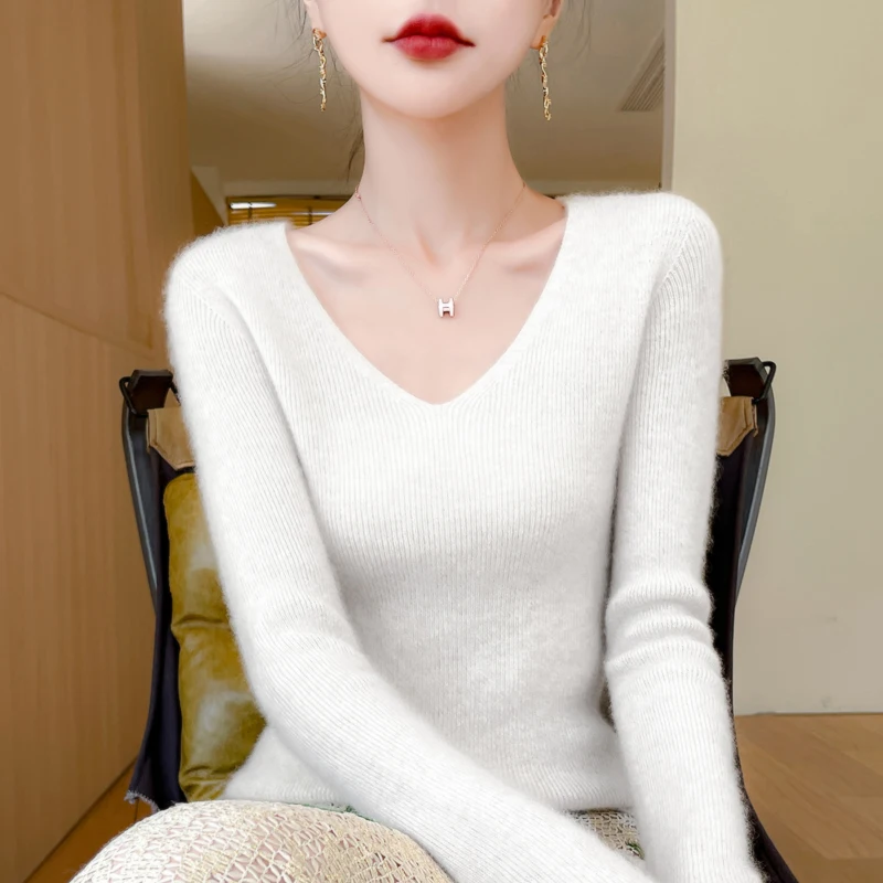 New Autumn And Winter V-Neck Pullover Sweater, Skin-Friendly, Highly Elastic Solid-Color Knitted Long-Sleeved Women's Top-GH459