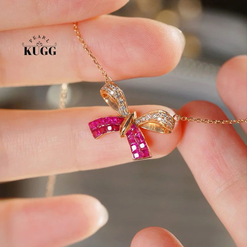 KUGG 100% 18K Rose Gold Necklace Romantic Bowknot Shape Natural Diamond Natural Ruby Necklace for Women High Wedding Jewelry