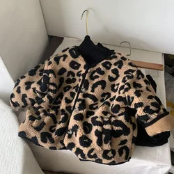 Girls jacket leopard print V-neck plus velvet padded jacket cotton-padded jacket 2024 new winter