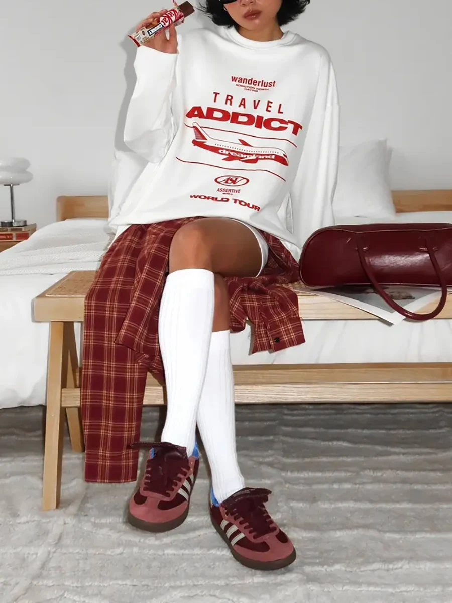 ملابس رياضية للسيدات لربيع وخريف 2025 ﻿ بلوزات فضفاضة مطبوعة بأحرف المرأة عادية س الرقبة كم كامل بلوزة الإناث