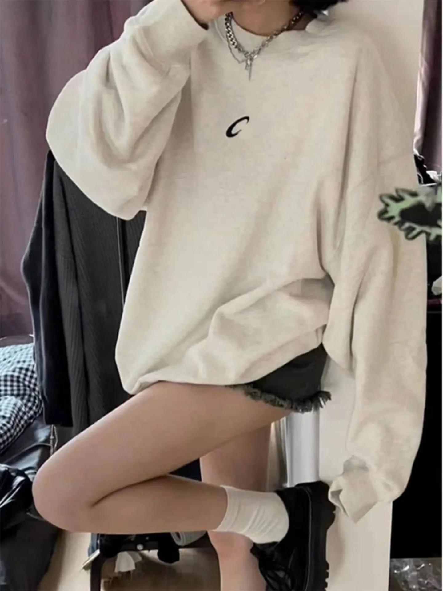 American Retro round Ne Sweatshirt Dames Herfst Winter Casual Los Veelzijdig Thiened Fce Couple's Top INS