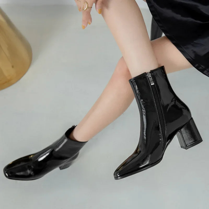 Autumn Women Fashion Square High Heels Zapatos De Mujer White Patent Leather Shoes Ankle Boots Black Woman Zipper