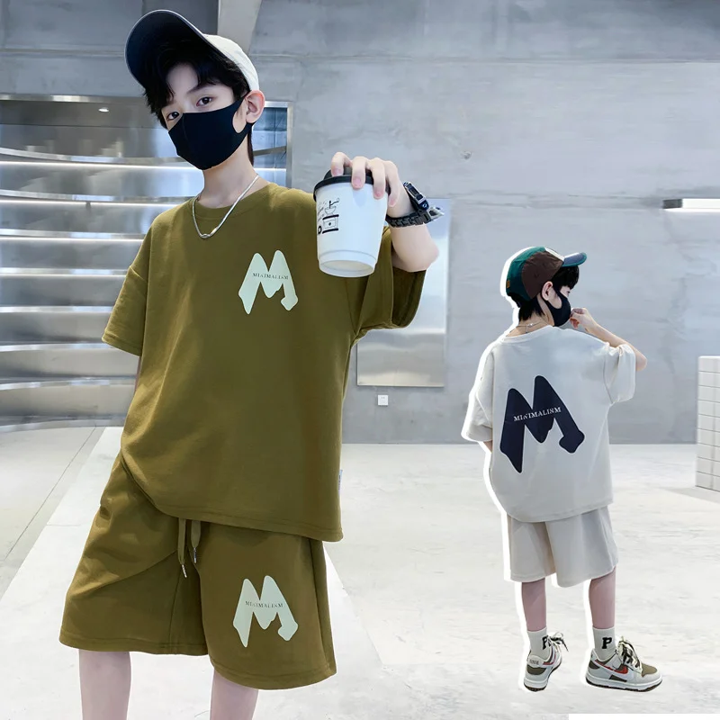 2pc Boys Clothes Set Summer Kids Short Sleeve Letter loose T-shirt Shorts Sport Casual Outfits Set for Teenage Boy Clothing