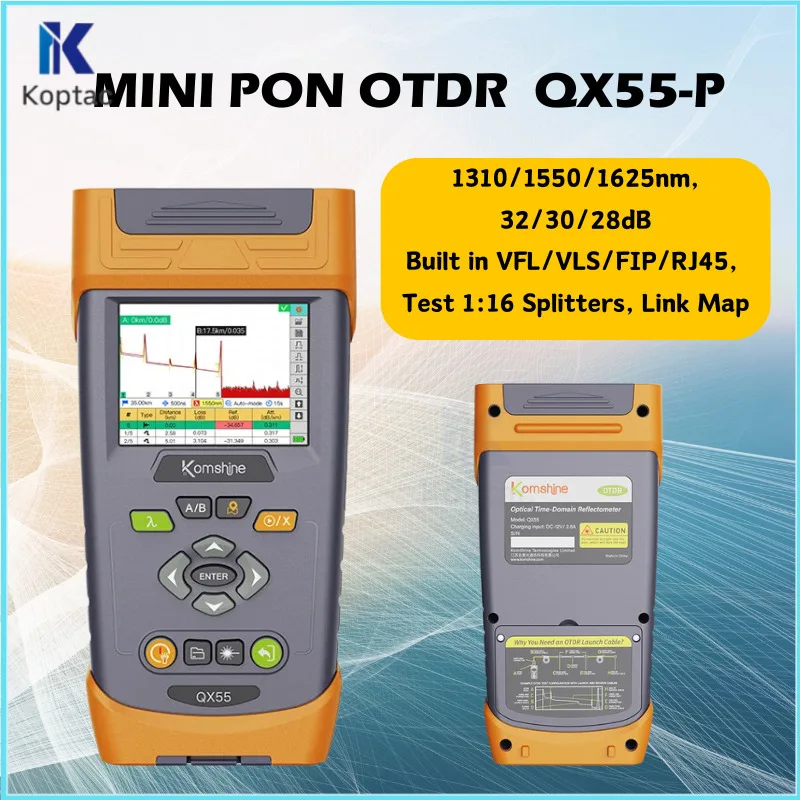 

Mini PON OTDR Komshine QX55-P 1310 1550 1625Nm To 140km Test 1X16 Spliitter Test Online With VFL OPM OPS LinK Map FTTH