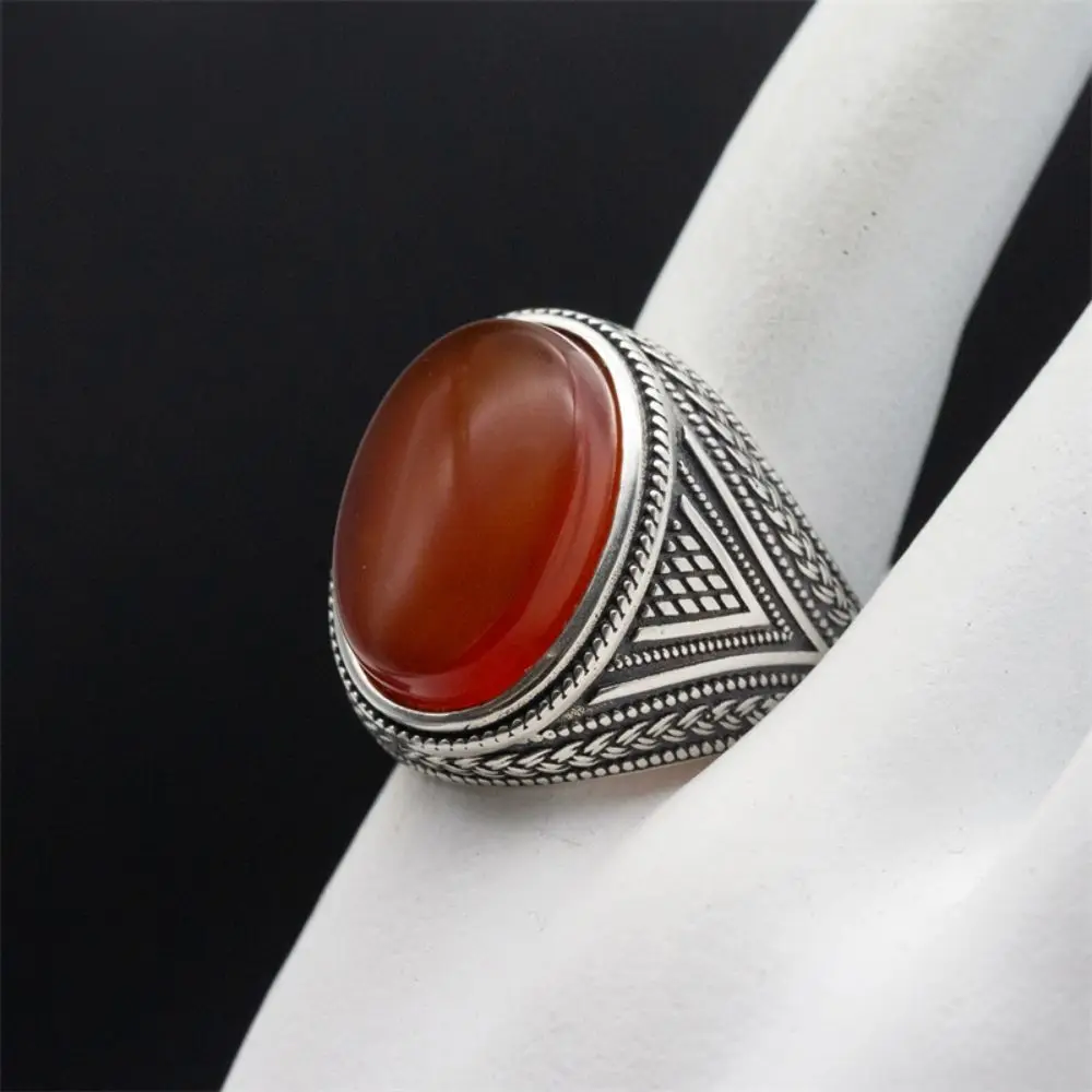 Wholesale Real 925 Sterling Silver Rings Men Natural Red Agate Stone Vintage Handmade Statement Wedding Hand Ring