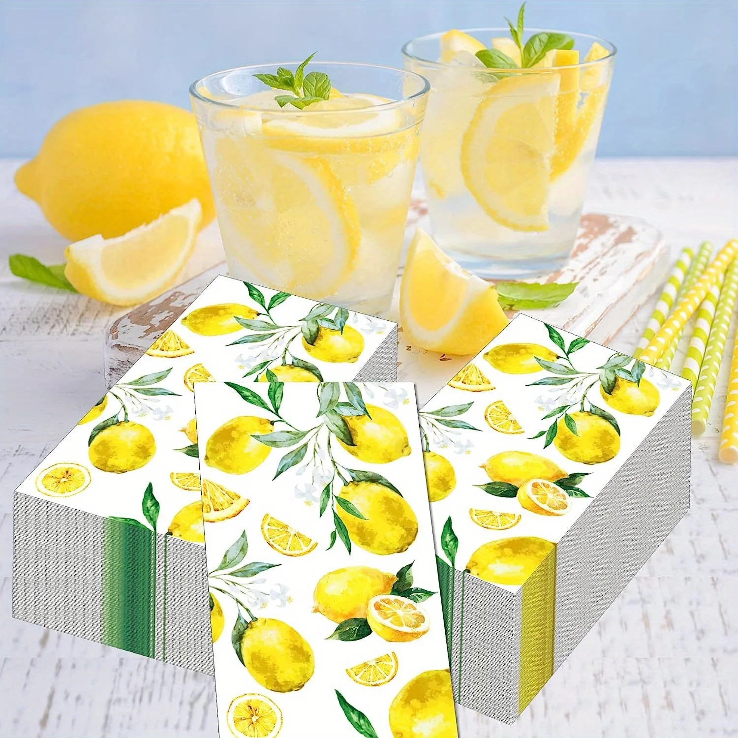 Lemon-Themed Napkins, Featuring Yellow Citrus Fruit Designs. These Disposable Hand Towels Are Perfect for Summer Occasions