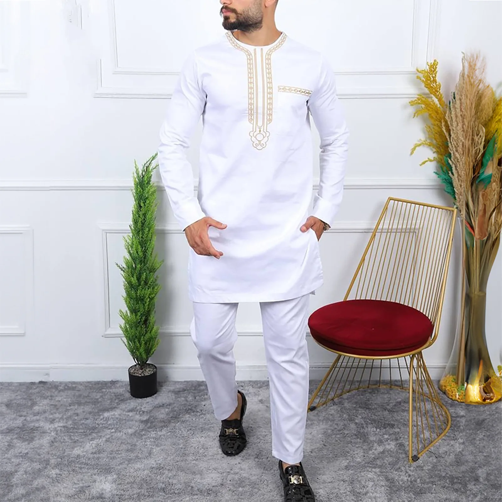 2024 new spot AliExpress Amazon hot suit African ethnic style white embroidery casual men