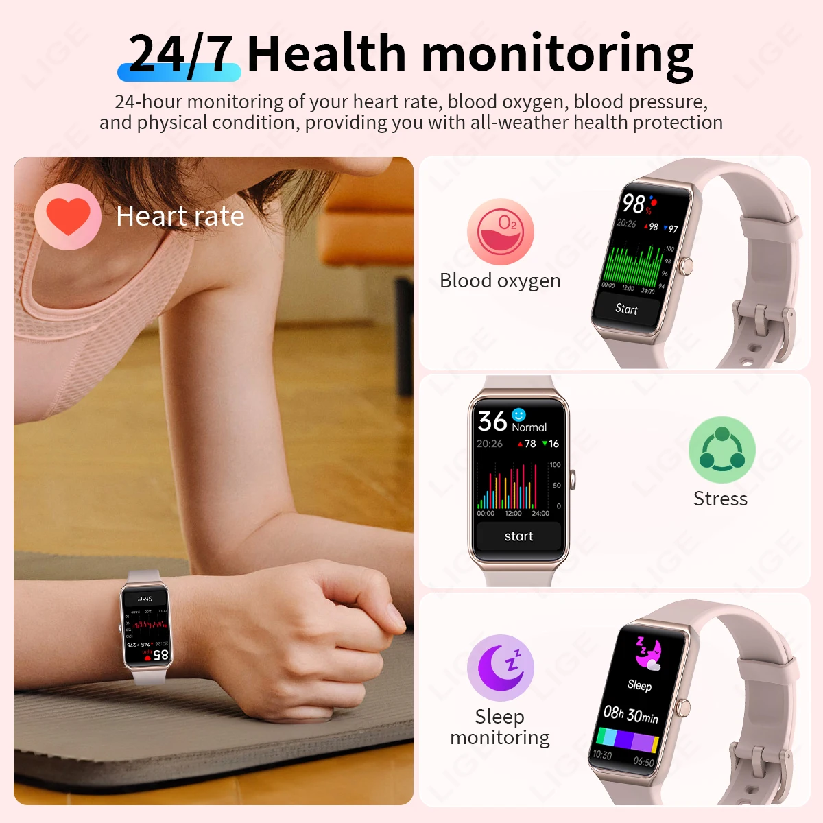 LIGE Smart Watch Women Full Touch Screen Health Monitor IP67 Waterproof Sports Fitness Tracker Smartwatch Woman Bracelet Watches