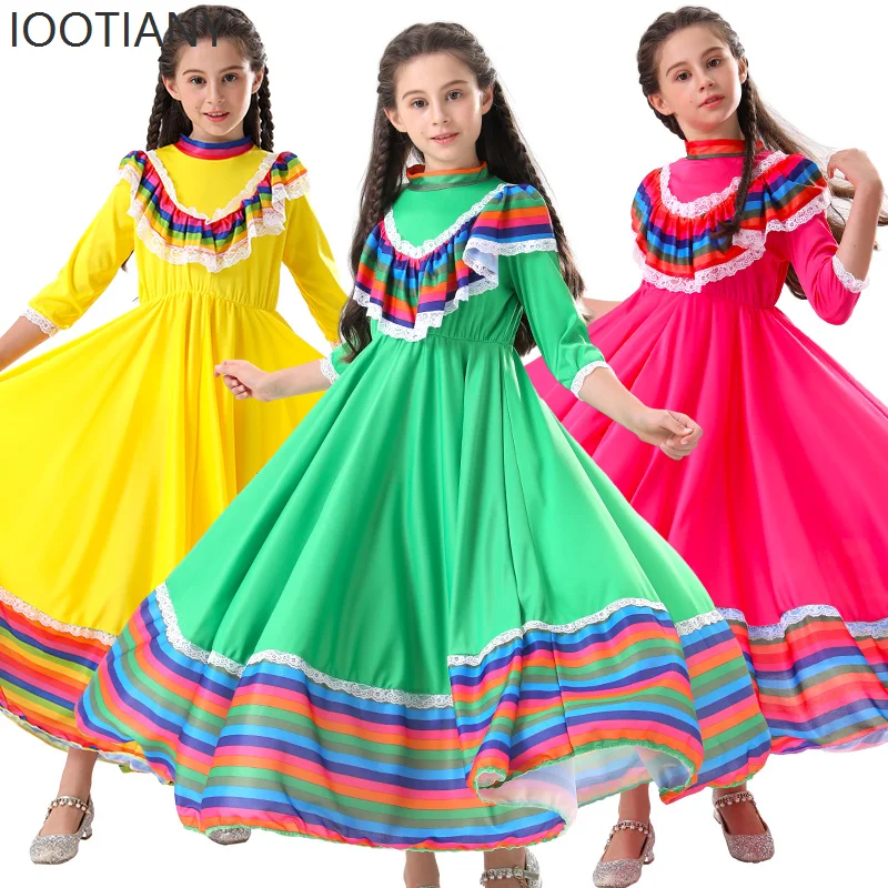 

IOOTIANY Children's Girls Traditional Folk Mexican Stage Performance Costume Halloween Long Wide Swing National Dance Costume