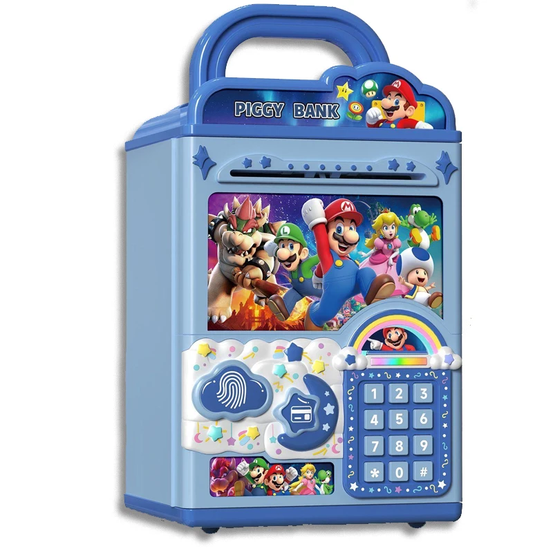 Kawaii Mario Piggy Bank Fingerprint Password Auto Scroll Cash Colorful Light Music Bilingual Educational Money Box Kids Toy Gift view 6