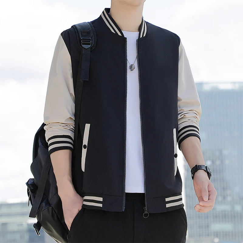 

Мужская демисезонная бейсбольная куртка-ветровка с воротником-стойкой, модная, в стиле колор-блок, повседневная, с длинными рукавами, из полиэфирного волокна