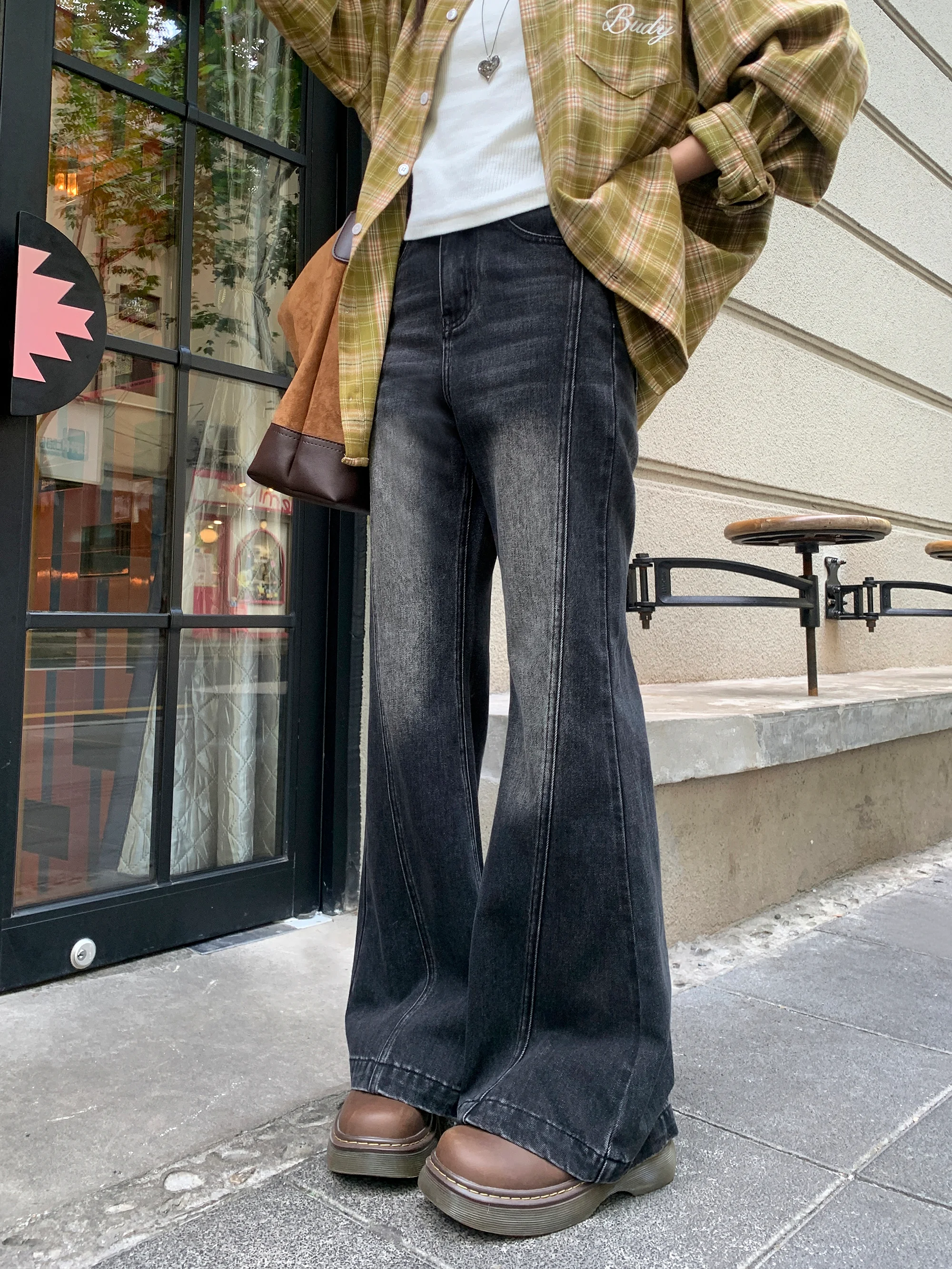 

Retro Washed Bell Bottom Jeans Women's Spring Autumn Black Grey Cotton Denim High Waist Zipper Pure Color Soft Fabric Ladies ...