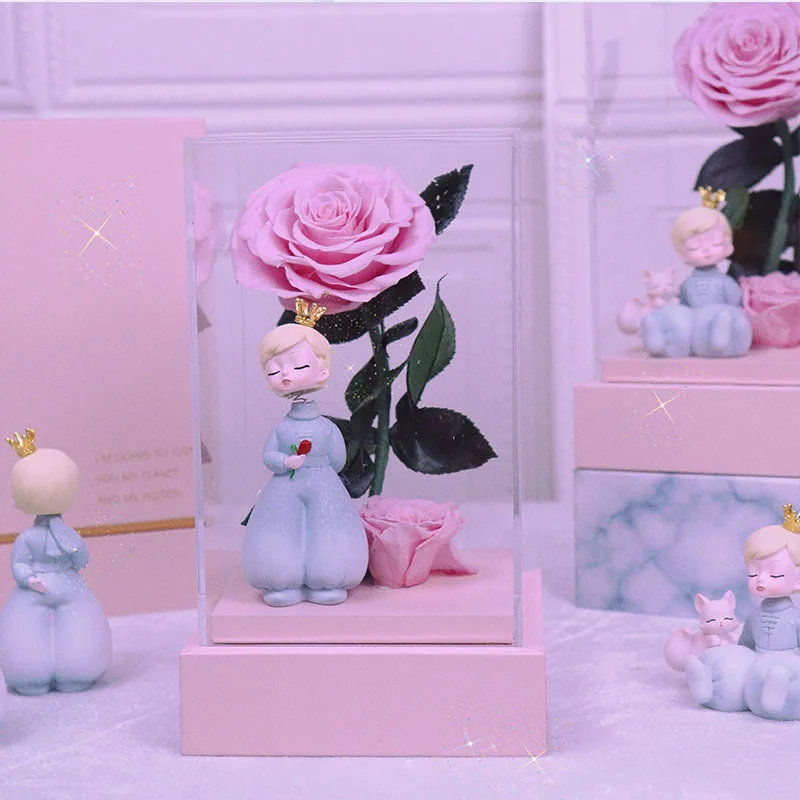 New Natural Eternal Rose and The Litte Prince in Glass Preserved Flowers Forever Wedding Valentine Gifts for Women Girl