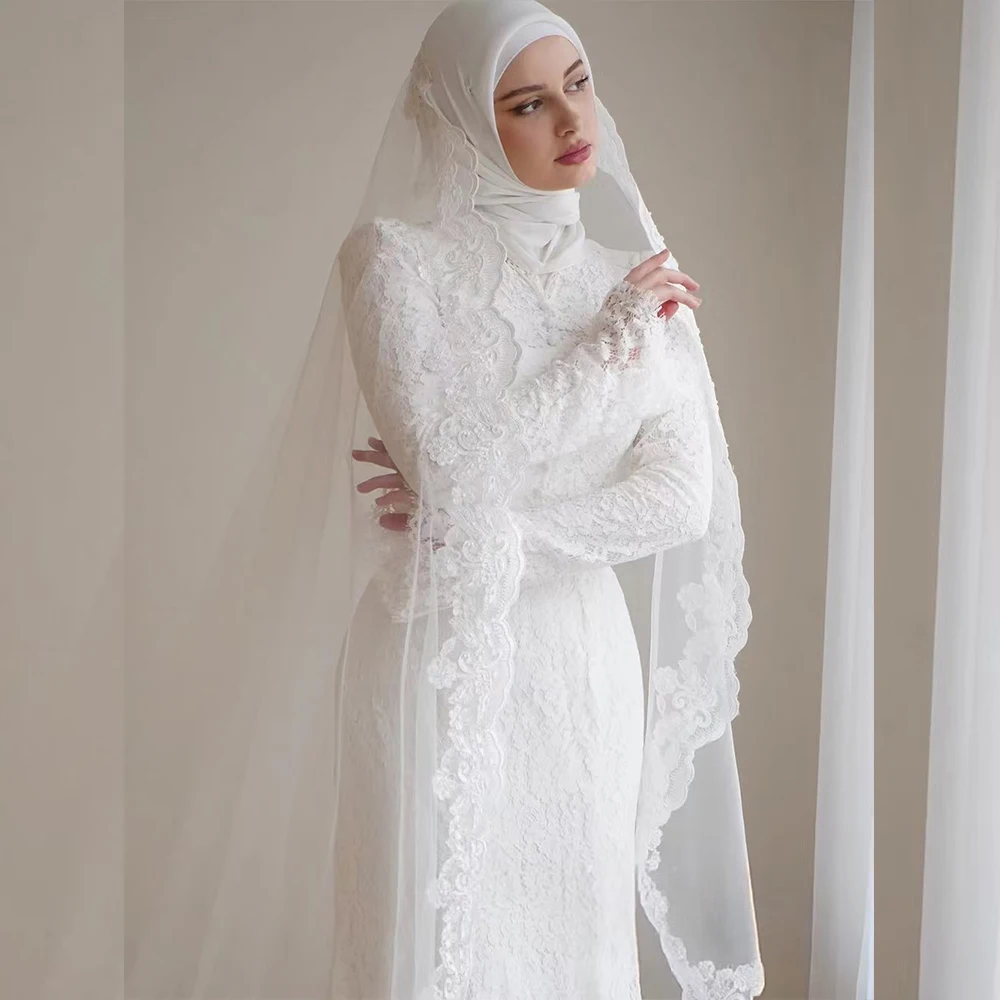 

Muslim Wedding Dresses with Hijab Long Sleeve Mermaid Women Dress High Neck Button Luxury Bridal Gown Customized robe de mariée