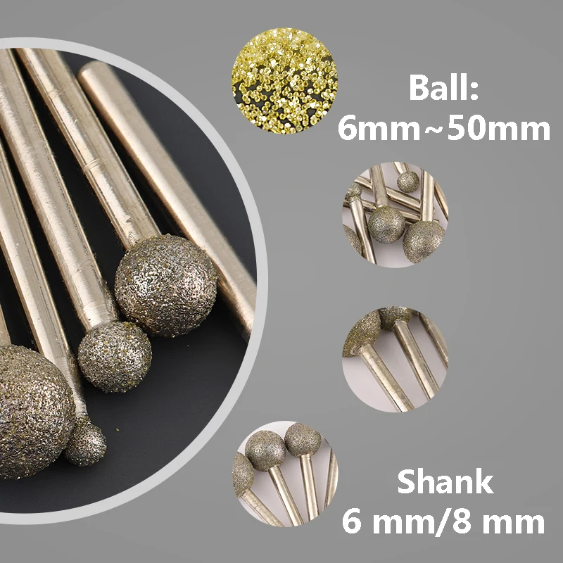 1Pcs 6-50mm Ball Round Diamond Burr Grinding Bits 6/8mm Shank for Carving Dremel Rotary Tools Carve Precision Carving Tools