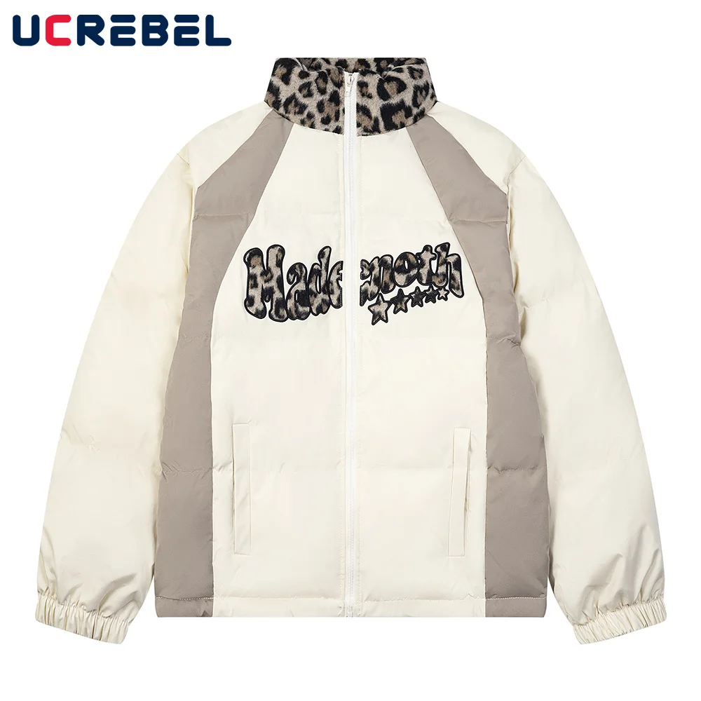 Chaqueta acolchada con bordado de letras para hombre, chaqueta de pan de manga larga con paneles de contraste, cuello levantado grueso, dobladillo con cordón, invierno