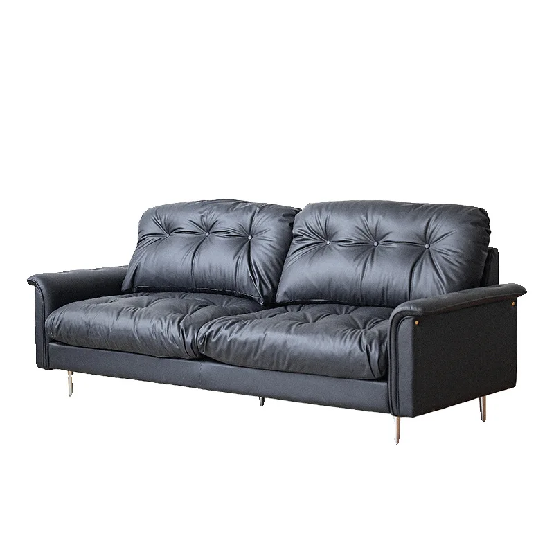 

Nordic black leather sofa, French medieval simple living room cloud sofa