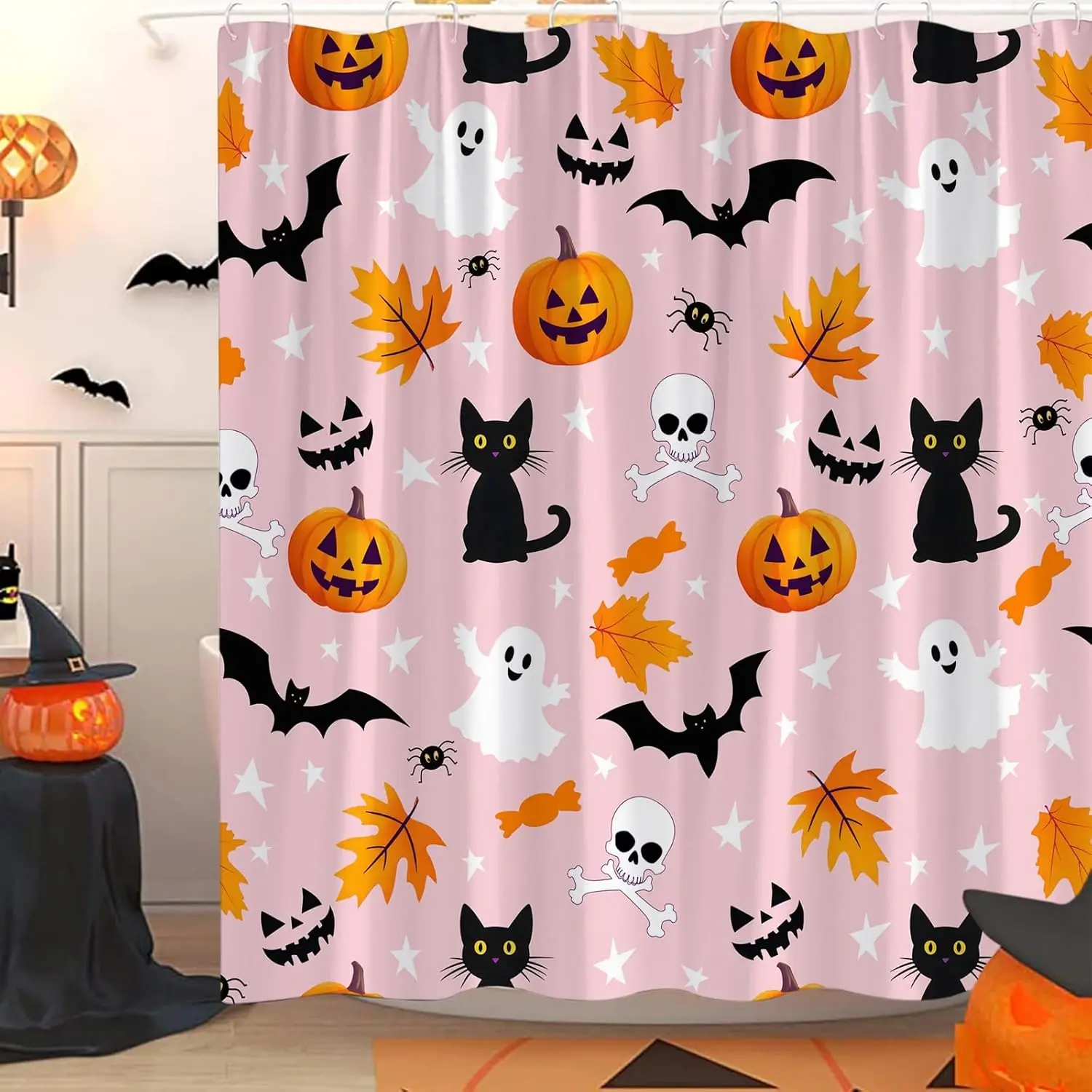 

Занавеска для душа на Хэллоуин, милый мультяшный призрак, жуткий тыква, готический черный кот, забавная карта черепа, лист, паук, ужас, летучая мышь, скелет, ванна